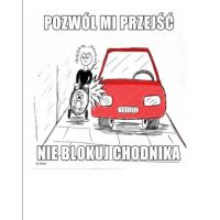 Ulotka przedstawia kobietę z wózkiem przechodzącą obok zaparkowanego na chodniku samochodu. Napis: Pozwól mi przejść, nie blokuj chodnika.